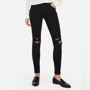 Express Women’s Black High Waisted Ripped Knee Stretch Jean Leggings Size 6 Long